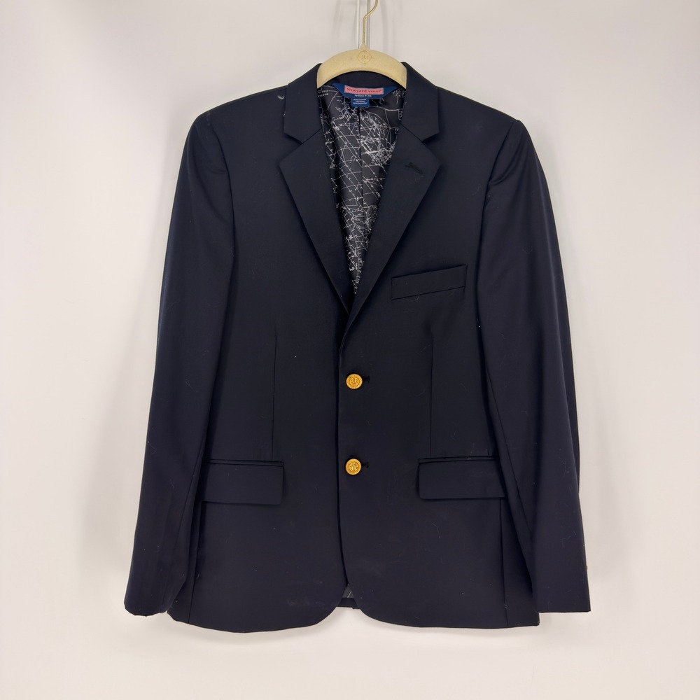 Vineyard Vines Blazer Boys 14 Navy Blue Wool Gold Crest Button Preppy Collegiate